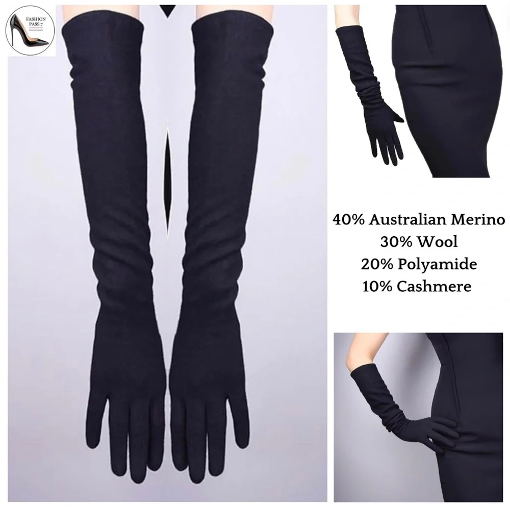 Long Cashmere Merino Wool Gloves Classical Black Opera Driving Winter Warm Glove